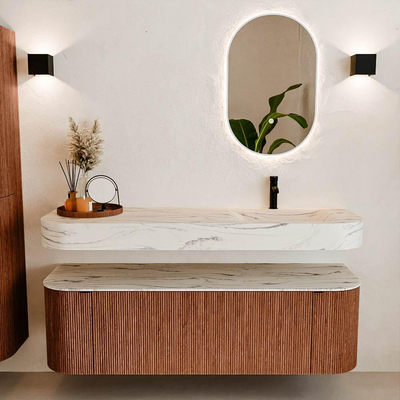 MONDIAZ THOR-DLUX 150cm meuble de salle de bains arrondi gauche + droite couleur Ruby avec 1 tiroir et 2 portes. Vasque suspendue CLOUD Droite 1 trou de robinet couleur Nata.