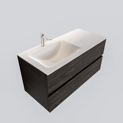 MONDIAZ VICA Ensemble de meuble salle de bain - 100cm - 2 tiroirs - lavabo Cloud gauche - 1 trou de robinet - solid surface marron foncé