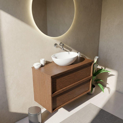 Saniclass Holz Frame Ensemble de meubles de salle de bains - 100x45x62cm - plan de travail en bois - sans trou de robinet - 2 tiroirs - walnut pure mat (bois)
