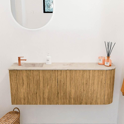 Mondiaz JOYA-DLUX 111.6cm toiletmeubel - ronding rechts kleur Oak - Wastafel FAYE positie Links 1 kraangat kleur Frappe.