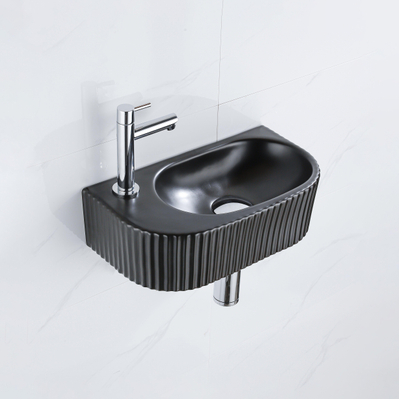 QeramiQ Fuente Ensemble de Lavabo - 40x21.5x12cm - gauche - strié - demi-rond - 1 trou de robinet - céramique - ensemble de robinet chrome - bouchon de vidange - siphon réduit - noir mat