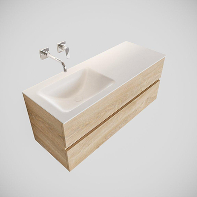 ENSEMBLE DE MEUBLE MONDIAZ VICA - 120cm - 2 tiroirs - lavabo Cloud gauche - 0 trous de robinet - solid surface chêne blanchi