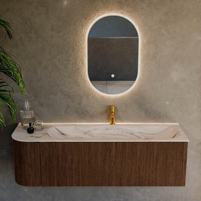 MONDIAZ KURVE-DLUX Meuble de salle de bains 145cm arrondi à gauche couleur Walnut avec 1 tiroir et 1 porte. Lavabo BIG LARGE à droite 1 trou de robinet Nata.