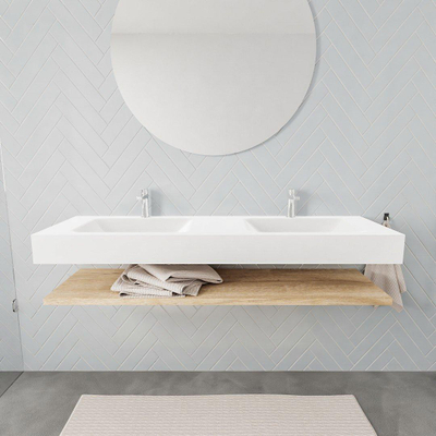MONDIAZ ALAN 150cm - Ensemble meuble de salle de bains - tablette - chêne blanchi - lavabo suspendu - 2 vasques - 2 trous de robinet - talc