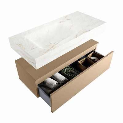 Mondiaz ALAN-DLUX Ensemble de meuble - 100cm - meuble Oro mat - 1 tiroir - Lavabo Cloud Frappe suspendu - vasque Gauche - 0 trous de robinet