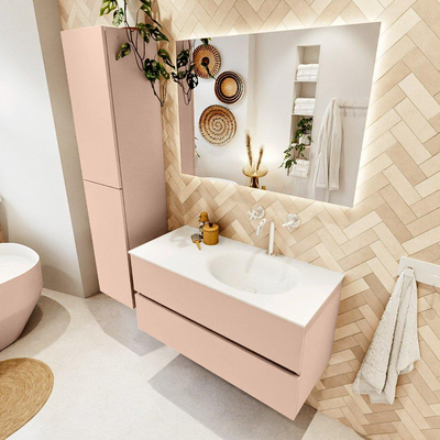 Mondiaz VICA ensemble de meuble de salle de bain - 100cm - meuble sous-vasque rosee - 2 tiroirs - lavabo moon droite - 1 trou de robinet - version haute de 60cm - talc