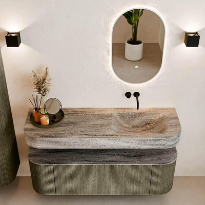 MONDIAZ THOR-DLUX 140cm meuble de salle de bains arrondi gauche + droite couleur Shadow avec 1 tiroir et 2 portes. Vasque suspendue CLOUD Droite sans trou de robinet couleur Oza.