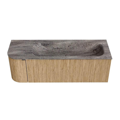 MONDIAZ KURVE-DLUX 135cm badmeubel ronding Links kleur Oak met 1 lade en 1 deur. Wastafel BIG MEDIUM Rechts 1 kraangat Oza.