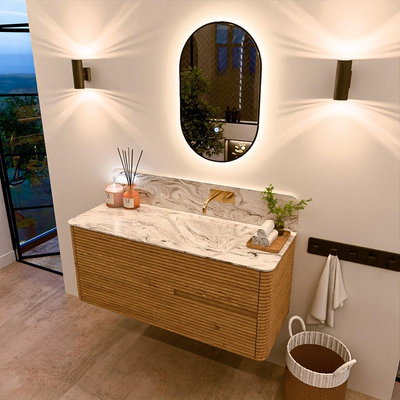 Mondiaz CIRO-DLUX Ensemble de meubles de salle de bains - 120x45x50cm - Plan vasque solid surface Glace - 1 lavabo à droite - sans trous de robinet - 2 tiroirs - Chêne