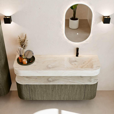 MONDIAZ THOR-DLUX 150cm meuble de salle de bains arrondi gauche + droite couleur Shadow avec 1 tiroir et 2 portes. Vasque suspendue CLOUD Droite 1 trou de robinet couleur Ostra.