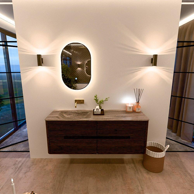 Mondiaz CIRO-DLUX Badkamermeubelset - 140x45x50cm - Solid surface wastafel Oza - 1 wasbak Links - zonder kraangaten - 4 lades - Walnut