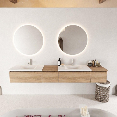 MONDIAZ BUKLA 240cm ensemble de meuble avec module 40 gauche couleur Chêne blanchi avec 4 tiroirs. Lavabo CLOUD double 2 trous de robinet couleur Talc.