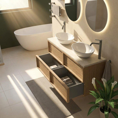 Saniclass Holz Frame Ensemble de meubles de salle de bains - 140x45x63cm - Plan de travail en pierre naturelle travertin - 2 trous de robinet - 4 tiroirs - chêne natural mat (bois)