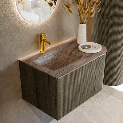 MONDIAZ KURVE-DLUX Meuble de salle de bains 75cm arrondi à droite couleur Shadow avec 1 tiroir et 1 porte. Lavabo GRUNNE à gauche 1 trou de robinet Oza.