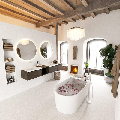 MONDIAZ BUKLA 200cm ensemble de meuble avec module ouvert 40 gauche couleur Marron Foncé avec 3 tiroirs. Lavabo CLOUD double 0 trou de robinet couleur Talc.