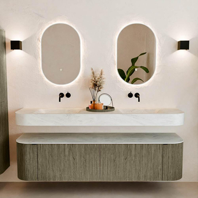 MONDIAZ THOR-DLUX Meuble de salle de bains 180cm arrondi gauche + droite couleur Shadow avec 2 tiroirs et 2 portes. Vasque suspendue CLOUD Double sans trou de robinet couleur Opalo.