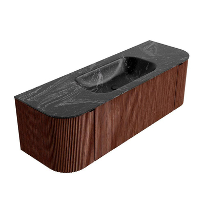 Ensemble de meuble de salle de bain Mondiaz KURVE-DLUX - 140x46x40cm - 1 tiroir - 2 portes - lavabo en solid surface - milieu - sans trou de robinet - Ruby