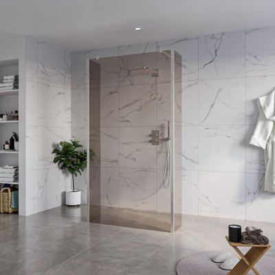 FugaFlow Eccelente Vetro Douche à l'italienne - 110x200cm - verre fumé - anticalcaire - verre de sécurité 8mm - 2 parois latérales 30cm - avec bras muraux et profilés d'angle - Inox brossé