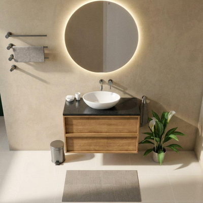 Saniclass Holz Frame Ensemble de meubles de salle de bains - 100x45x63cm - plan vasque en basalte Noche poli (noir) - sans trou de robinet - 2 tiroirs - chêne naturel mat (bois)