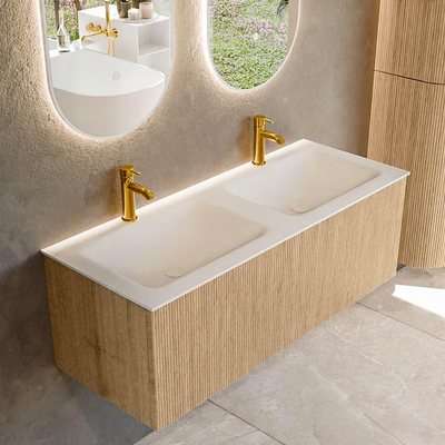 MONDIAZ KURVE 120cm Meuble salle de bain - couleur Oak - 1 tiroir - vasque CLOUD double - 2 trous de robinet - Talc