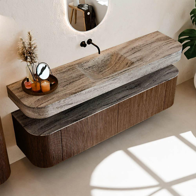 MONDIAZ THOR-DLUX 180cm meuble de salle de bains arrondi gauche + droite couleur Walnut avec 2 tiroirs et 2 portes. Vasque suspendue CLOUD Milieu sans trou de robinet couleur Oza.