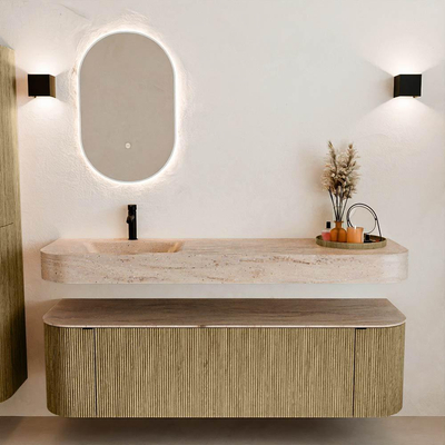 MONDIAZ THOR-DLUX Meuble de salle de bains 160cm arrondi gauche + droite couleur Dusk avec 1 tiroir et 2 portes. Vasque suspendue CLOUD Gauche 1 trou de robinet couleur Saba.