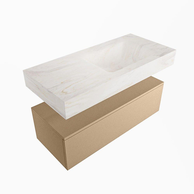 Mondiaz ALAN-DLUX Ensemble de meuble - 100cm - meuble - Oro mat - 1 tiroir - Lavabo Cloud Ostra suspendu - vasque droite - 1 trou de robinet - Beige