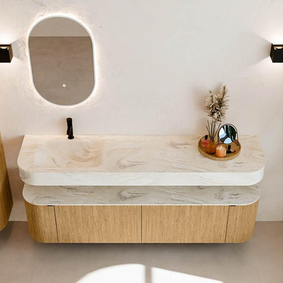 MONDIAZ THOR-DLUX 180cm meuble de salle de bains arrondi gauche + droite couleur Oak avec 2 tiroirs et 2 portes. Vasque suspendue CLOUD Gauche 1 trou de robinet couleur Ostra.