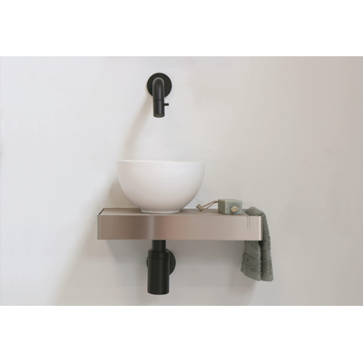 Ink Jazz XS fontein – rond – 36x20 cm – polystone wit mat – waskom links – frame RVS en plateau eiken greige