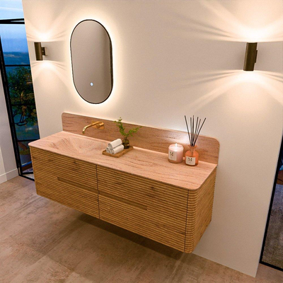 Mondiaz CIRO-DLUX Meuble de salle de bains - 160x45x50cm - Vasque en solid surface Saba - 1 lavabo à gauche - sans trous de robinetterie - 4 tiroirs - Chêne
