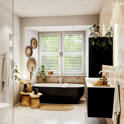 MONDIAZ VICA meuble sous lavabo 150cm Urban 2 tiroirs. Lavabo CLOUD centre 1 trou de robinet, couleur Talc.