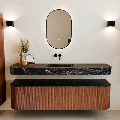 MONDIAZ THOR-DLUX 170cm meuble de salle de bains arrondi gauche + droite couleur Ruby avec 1 tiroir et 2 portes. Vasque suspendue CLOUD Milieu sans trou de robinet couleur Lava.