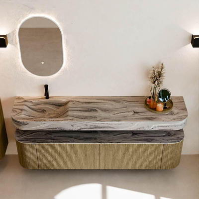 MONDIAZ THOR-DLUX Meuble de salle de bains 190cm arrondi gauche + droite couleur Dusk avec 2 tiroirs et 2 portes. Vasque suspendue CLOUD Gauche 1 trou de robinet couleur Sombra.