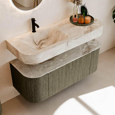 MONDIAZ THOR-DLUX 120cm meuble de salle de bains arrondi gauche + droite couleur Shadow avec 1 tiroir et 2 portes. Vasque suspendue CLOUD Gauche 1 trou de robinet couleur Frappe.