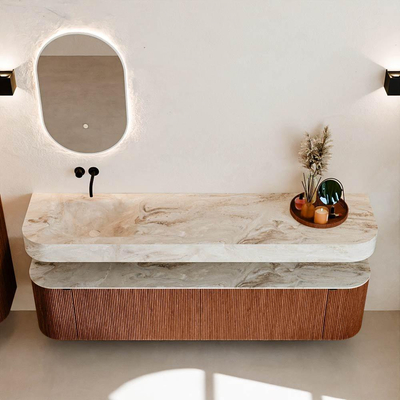 MONDIAZ THOR-DLUX Meuble de salle de bains - 190cm - arrondi gauche + droite - couleur Ruby - 2 tiroirs - 2 portes - Vasque suspendue CLOUD Gauche sans trou de robinet - couleur Frappe