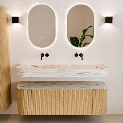 MONDIAZ THOR-DLUX 140cm badmeubel ronding links + rechts kleur Oak met 1 lade en 2 deuren. Vrijhangende wastafel CLOUD Dubbel zonder kraangat kleur Nata.