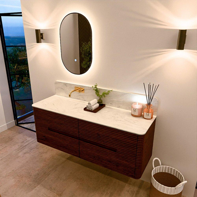 Mondiaz CIRO-DLUX Meuble de salle de bains - 140x45x50cm - Plan vasque solid surface Opalo - 1 lavabo à gauche - sans trous de robinet - 4 tiroirs - Ruby