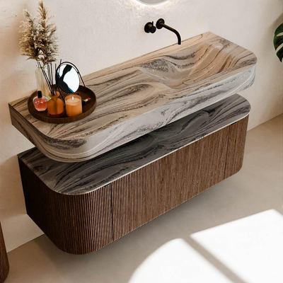 MONDIAZ THOR-DLUX 130cm badmeubel ronding links + rechts kleur Walnut met 1 lade en 2 deuren. Vrijhangende wastafel CLOUD Rechts zonder kraangat kleur Sombra.