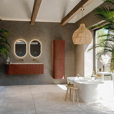 Mondiaz KURVE-DLUX Ensemble de meuble - 145x46x40cm - 1 tiroir - 1 porte - lavabo en solid surface - double / droite - sans trou de robinet - Ruby