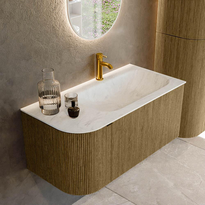 Ensemble de meuble de salle de bain Mondiaz KURVE-DLUX - 95x46x40cm - 1 tiroir - 1 porte - lavabo en solid surface - droite - 1 trou de robinet - Dusk