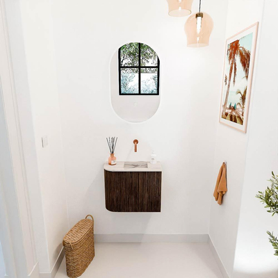 Mondiaz JOYA-DLUX 51.6cm toiletmeubel - ronding links kleur Walnut - Wastafel FAYE positie Rechts Zonder kraangat kleur Nata.