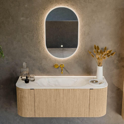 MONDIAZ KURVE-DLUX Meuble de salle de bains 120 cm avec module 25 Len R couleur Chêne avec 1 tiroir et 2 portes. Lavabo BIG SMALL centré sans trou de robinet couleur Ostra.