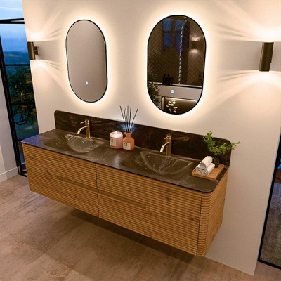 Mondiaz CIRO-DLUX Badkamermeubelset - 180x45x50cm - Solid surface wastafel Lava - 2 wasbak Dubbel - 2 kraangaten - 4 lades - Oak