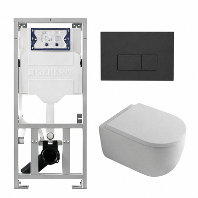 QeramiQ Dely Swirl Pack WC suspendu - 36.3x51.7cm - bâti-support Geberit UP320 - abattant 35 mm - plaque de commande anthracite mat - boutons rectangulaires - blanc mat