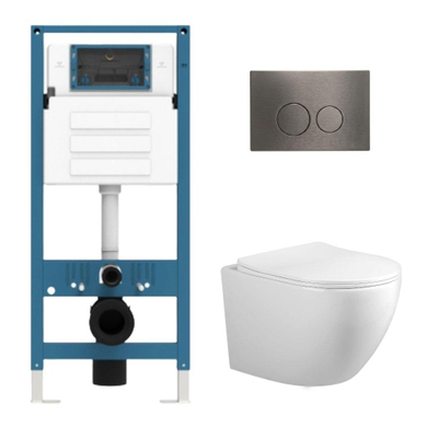 Adema Salina 2.0 Ensemble WC - 48.5x36x32cm - à fond profond - sans rebord de rinçage - réservoir encastré QeramiQ - softclose - quickrelease - abattant de WC - plaque de commande métallique gunmetal - boutons ronds - blanc