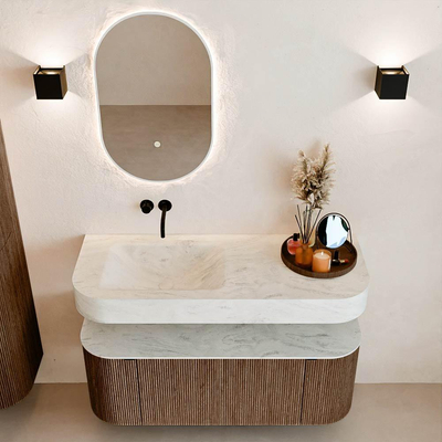 MONDIAZ THOR-DLUX 120cm meuble de salle de bains arrondi gauche + droite couleur Walnut avec 1 tiroir et 2 portes. Vasque suspendue CLOUD Gauche sans trou de robinet couleur Opalo.