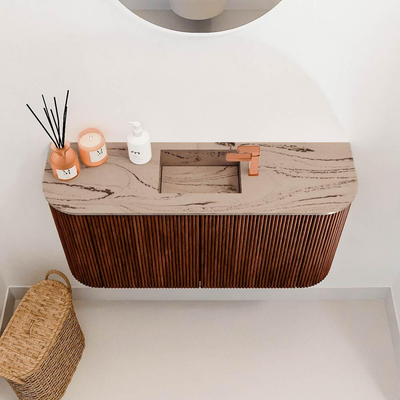 Mondiaz JOYA-DLUX 83.2cm meuble de toilette - arrondis gauche et droite couleur Ruby - Vasque FAYE position Milieu 1 trou de robinet couleur Arena.