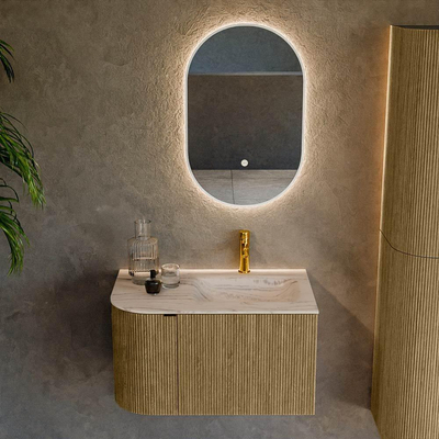 MONDIAZ KURVE-DLUX 75cm badmeubel ronding Links kleur Dusk met 1 lade en 1 deur. Wastafel GRUNNE Rechts 1 kraangat Nata.