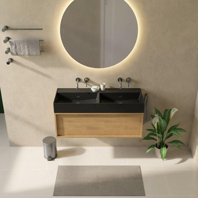 Saniclass Holz Frame Badkamermeubelset - 120x45x52cm - Legend keramische wastafel mat zwart - 2 wasbakken - zonder kraangaten - 1 lade - mat eiken natural (hout)