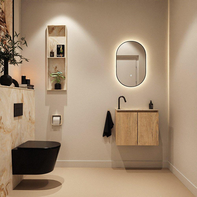 MONDIAZ TURE-DLUX Meuble toilette - 60cm - Washed Oak - EDEN - vasque Frappe - position gauche - 1 trou de robinet